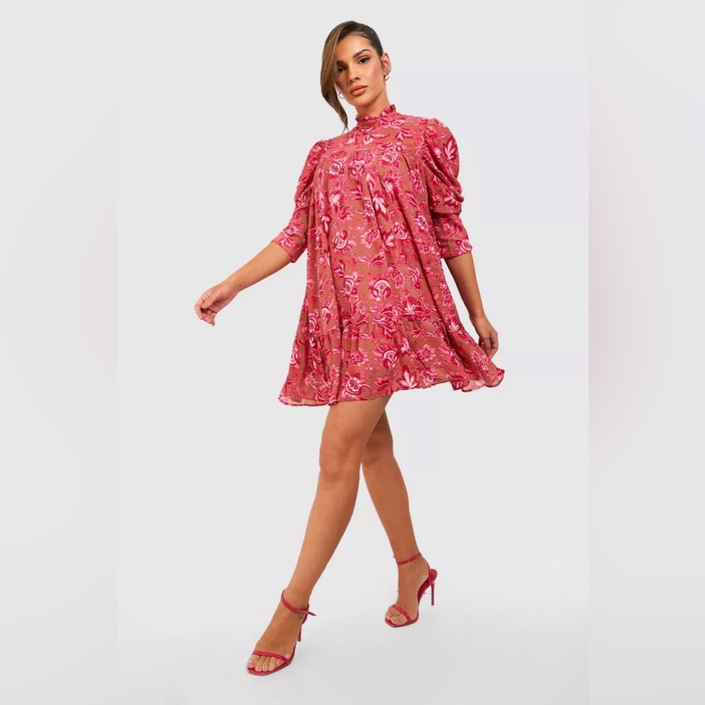 PRINTED PUFF SLEEVE RUFFLE NECK SMOCK DRESS NWT